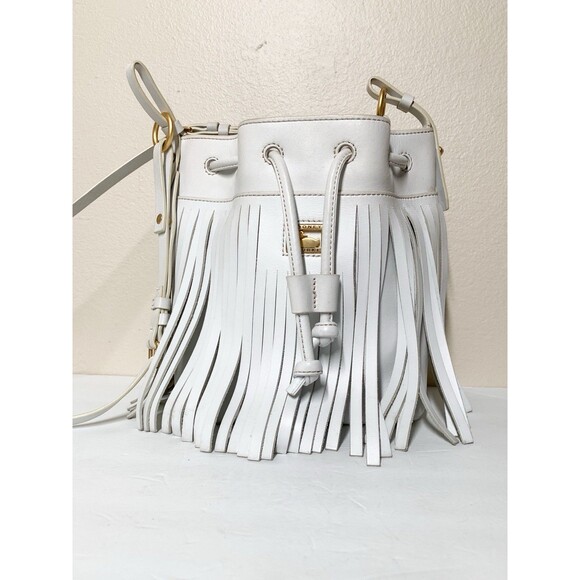 Dooney & Bourke Christa Drawstring Crossbody Bag White Leather Fringe Bucket - Picture 2 of 12